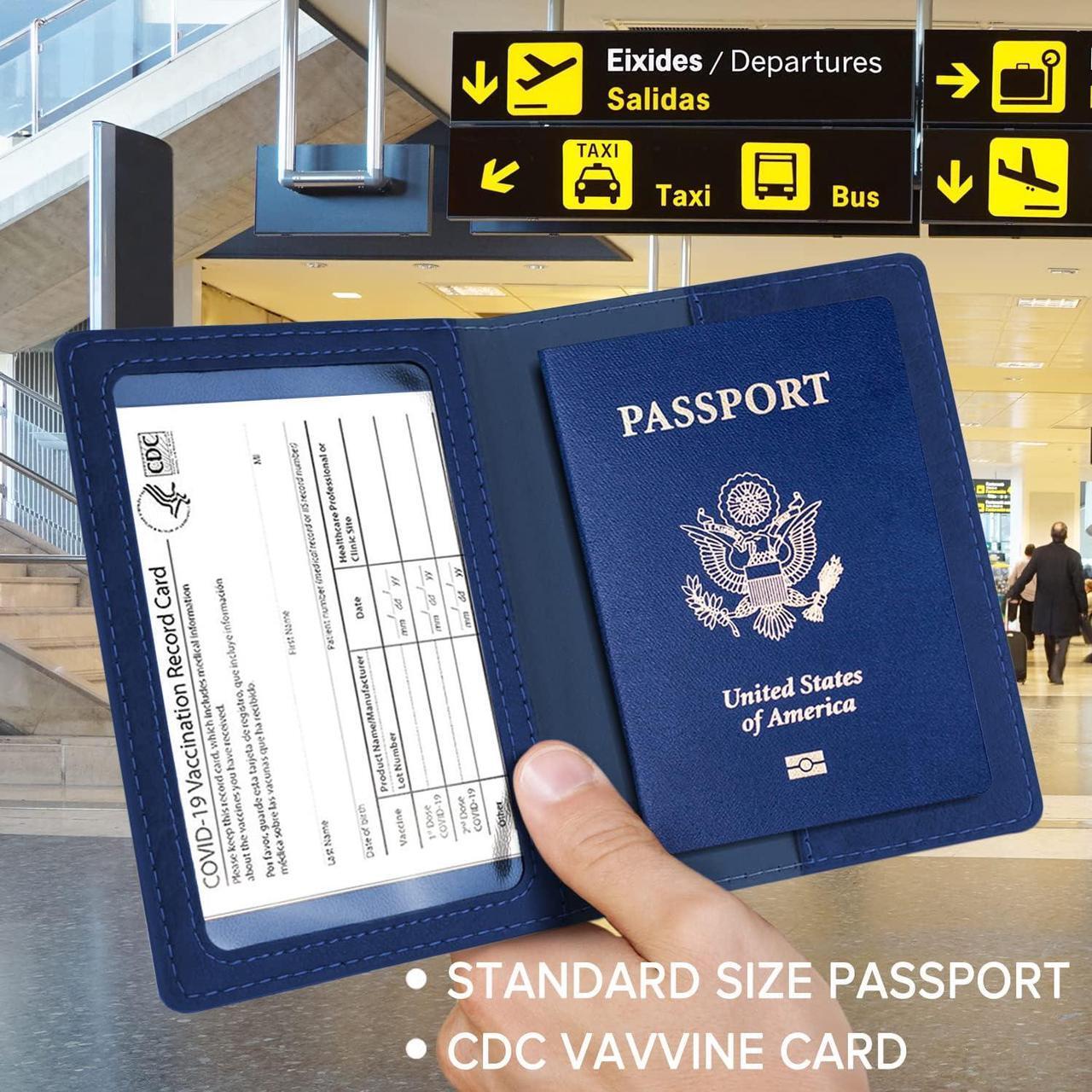 Alt view image 4 of 7 - Passport Holder 2 Pack Passport and Vaccine Card Holder Combo Passport Holder with Vaccine Card Slot PU Leather Passport Cover Case for Women Men (Blue & Pink)