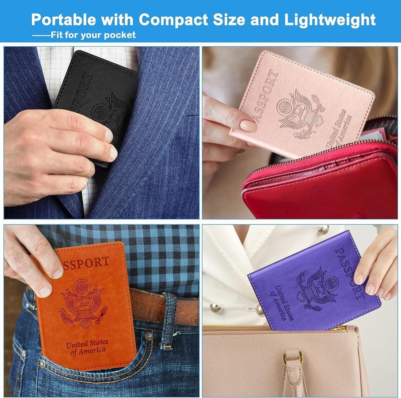 Alt view image 6 of 7 - Passport Holder 2 Pack Passport and Vaccine Card Holder Combo Passport Holder with Vaccine Card Slot PU Leather Passport Cover Case for Women Men (Blue & Pink)