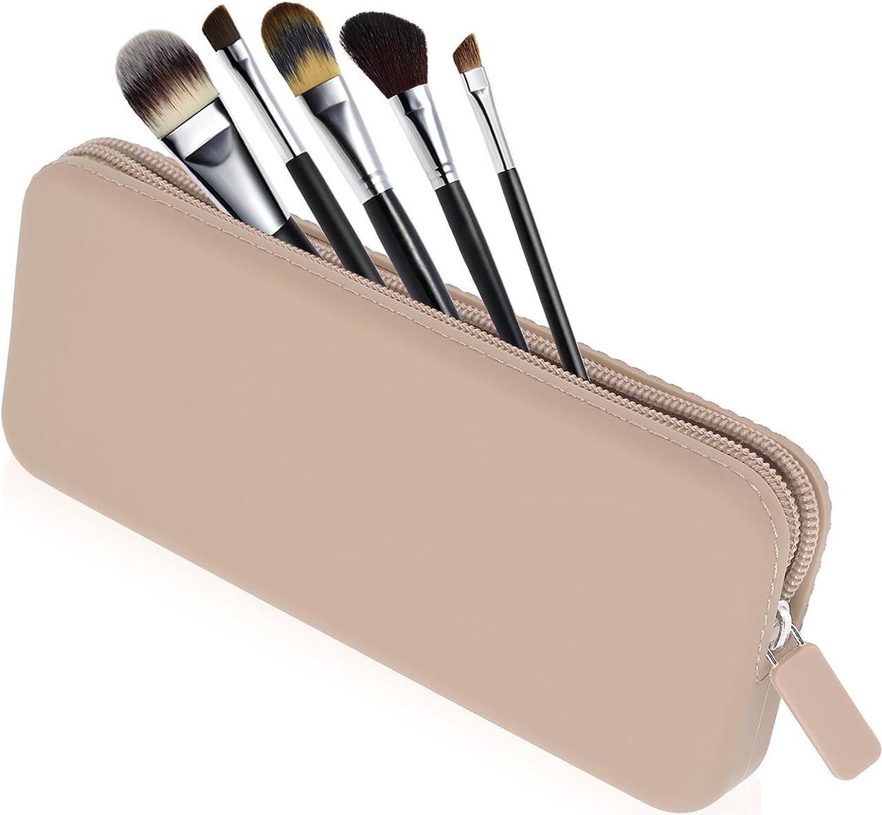Main image of Travel Makeup Brush Holder Silicone Makeup Brush Bag with Zipper Closure Makeup Brushes Organizer Case Washable Makeup Pouch Holder Case for Daily Work Essentials Khaki