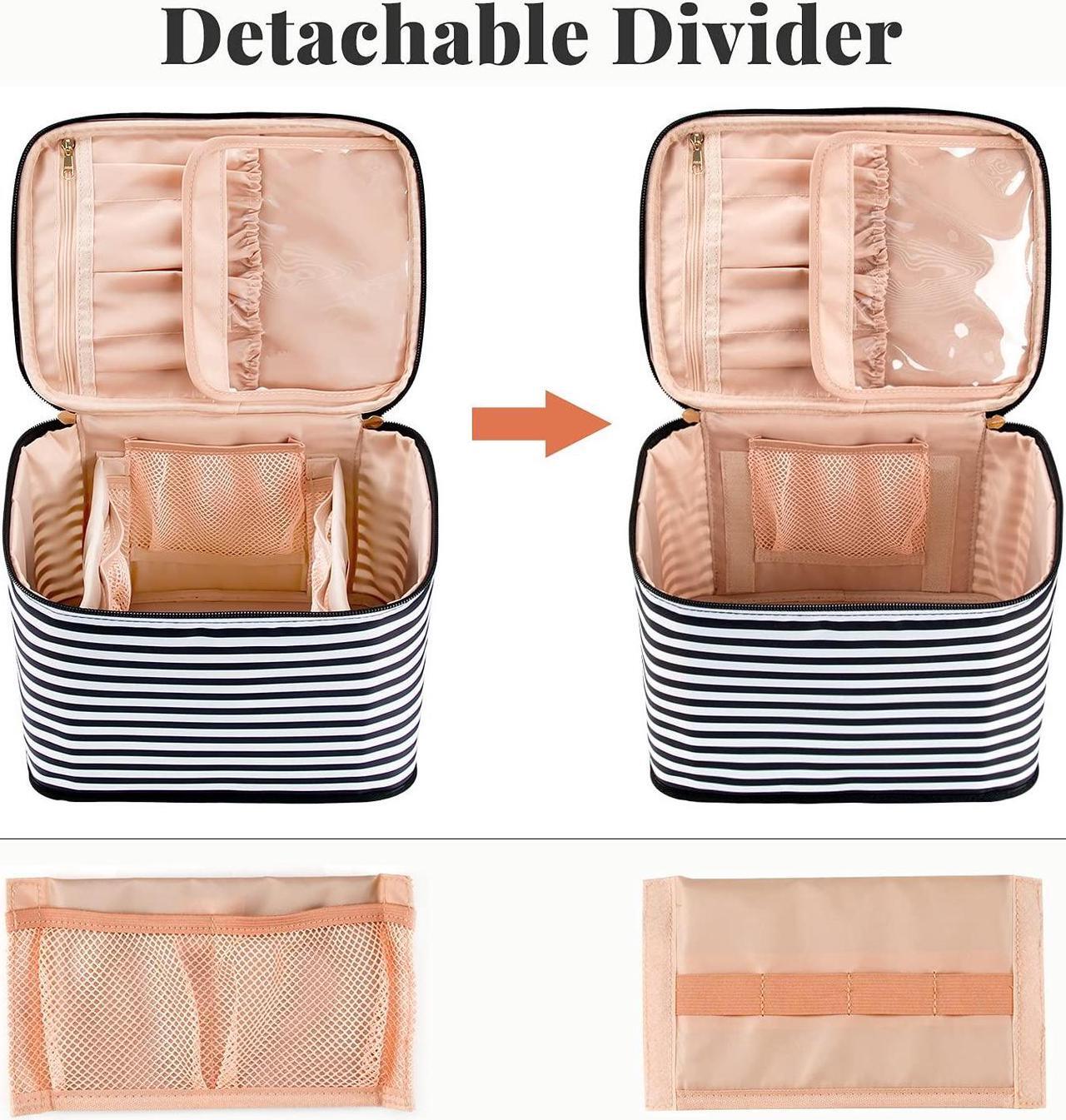 Alt view image 2 of 7 - Makeup Bag Large Travel Makeup Bag Organizer Cosmetic Bags for Women Washable Make Up Bag Makeup Organizer Case with Dividers - Black/White Stripes