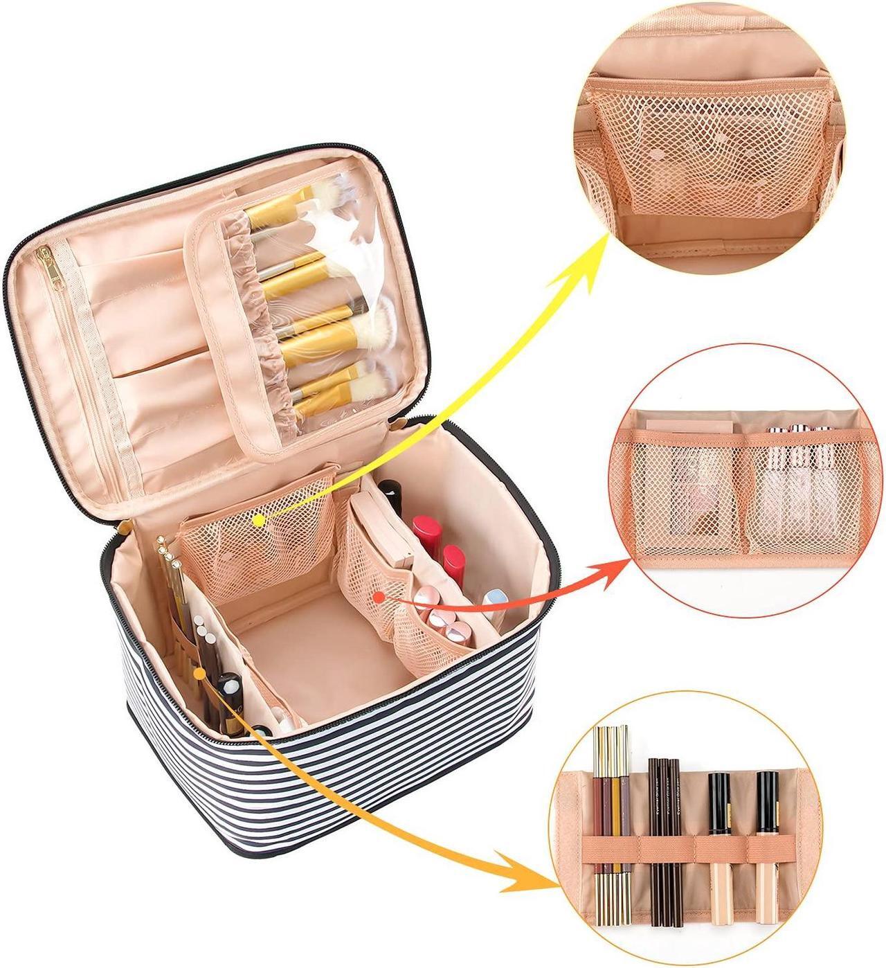 Alt view image 3 of 7 - Makeup Bag Large Travel Makeup Bag Organizer Cosmetic Bags for Women Washable Make Up Bag Makeup Organizer Case with Dividers - Black/White Stripes