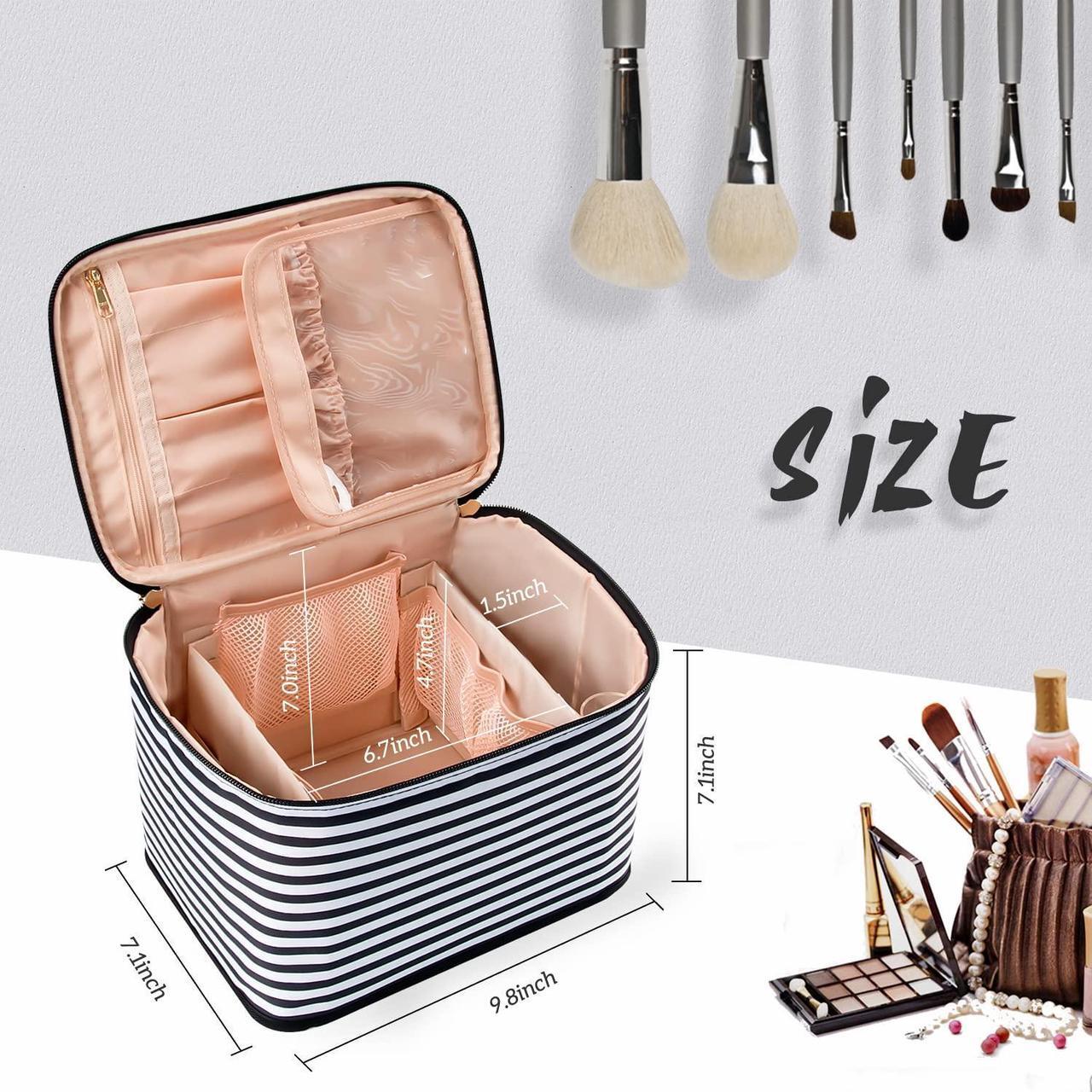 Alt view image 4 of 7 - Makeup Bag Large Travel Makeup Bag Organizer Cosmetic Bags for Women Washable Make Up Bag Makeup Organizer Case with Dividers - Black/White Stripes