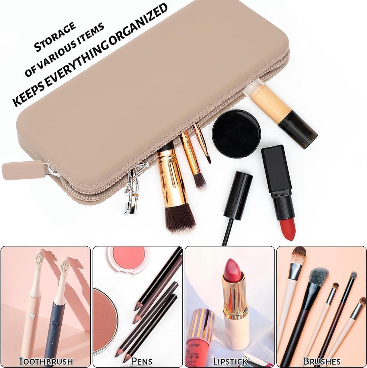 Alt view image 2 of 6 - Travel Makeup Brush Holder Silicone Makeup Brush Bag with Zipper Closure Makeup Brushes Organizer Case Washable Makeup Pouch Holder Case for Daily Work Essentials Khaki