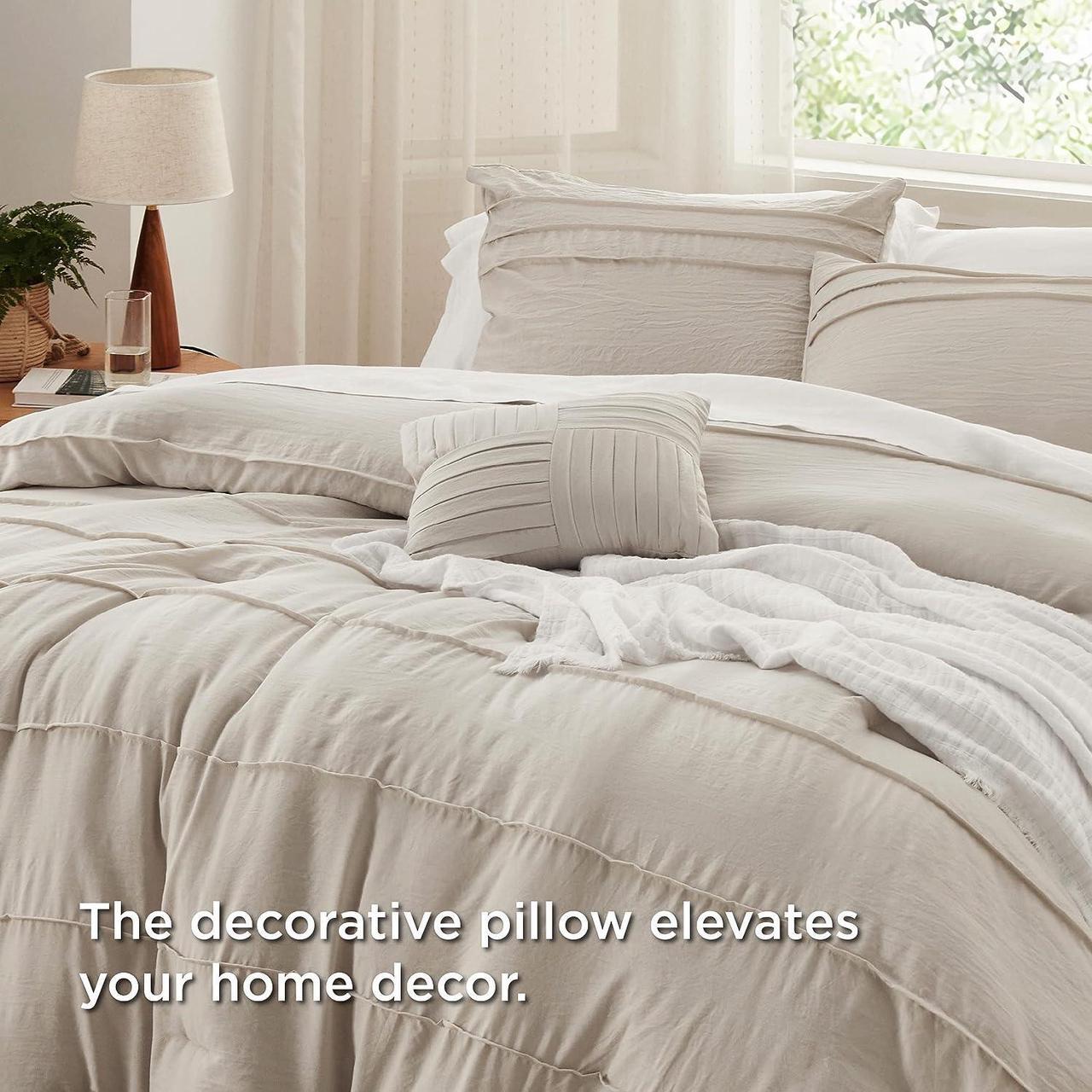 Alt view image 5 of 7 - Beige Queen Comforter Set - 4 Pieces Pinch Pleat Bed Set Down Alternative Bedding Sets for All Season 1 Comforter 2 Pillowcases 1 Decorative Pillow