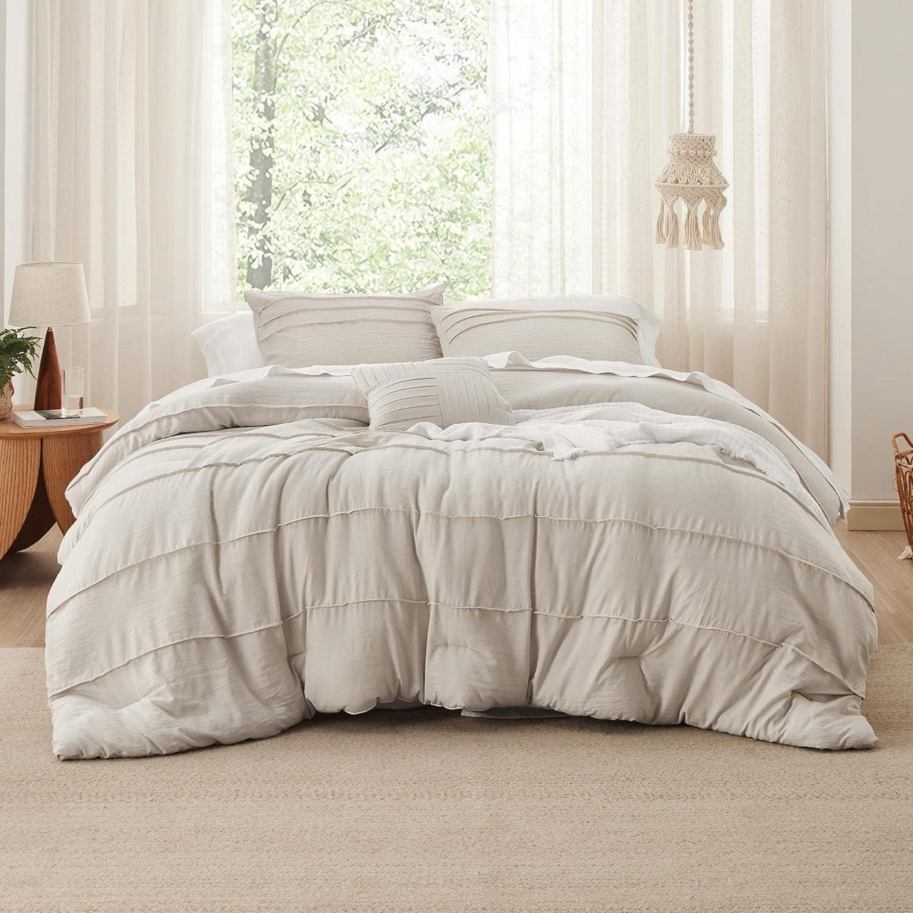 Alt view image 7 of 7 - Beige Queen Comforter Set - 4 Pieces Pinch Pleat Bed Set Down Alternative Bedding Sets for All Season 1 Comforter 2 Pillowcases 1 Decorative Pillow