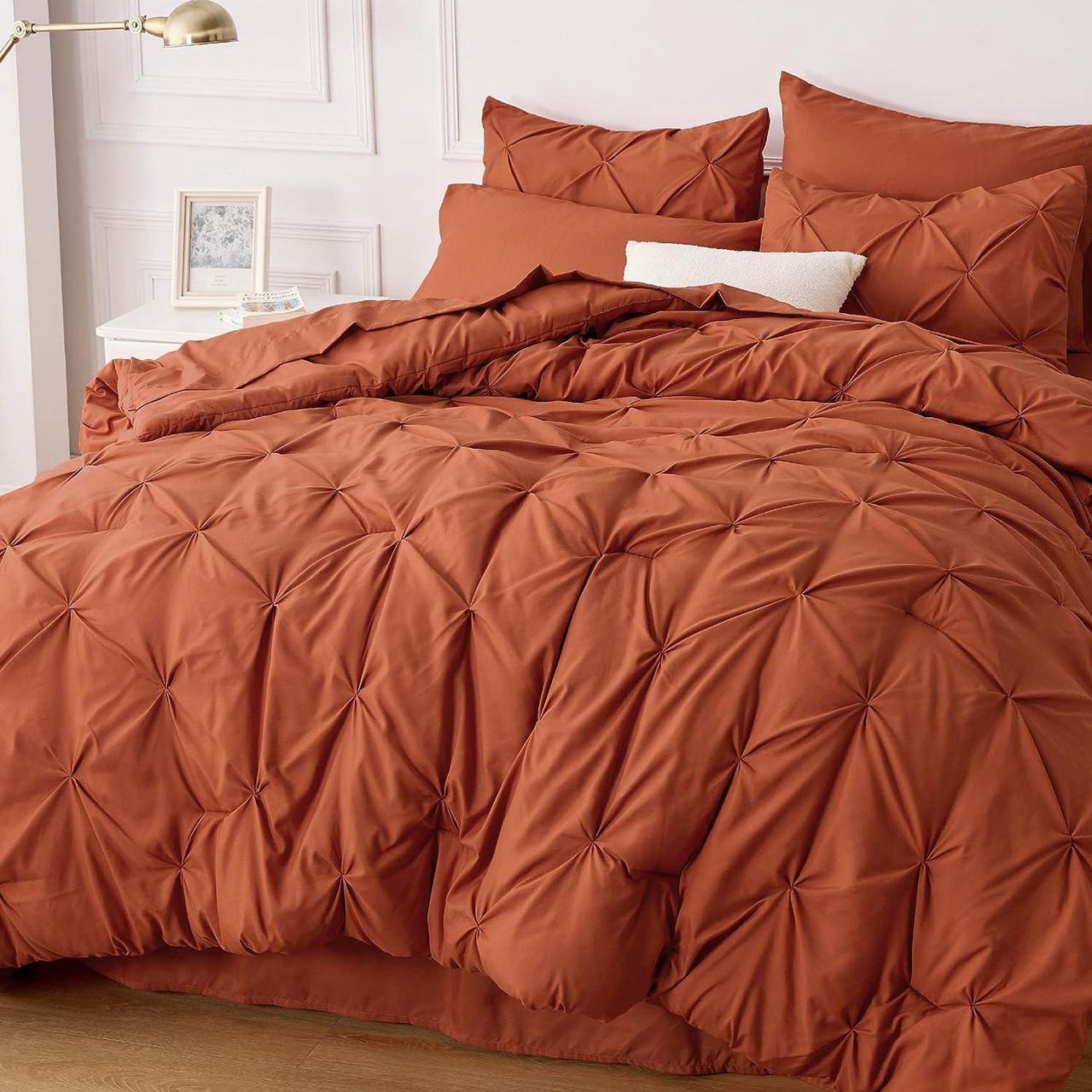 Main image of Queen Comforter Set - Bed in a Bag Queen 7 Pieces Pintuck Bedding Sets Burnt Orange Bed Set with Comforter Sheets Pillowcases & Shams