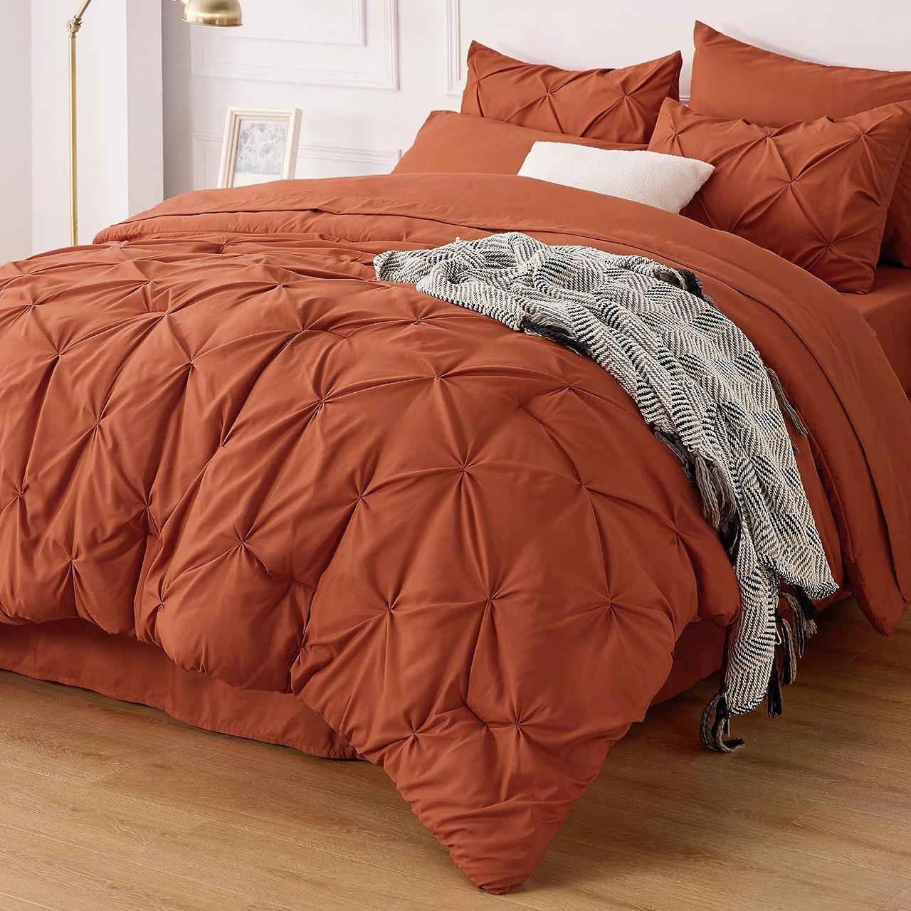 Alt view image 2 of 7 - Queen Comforter Set - Bed in a Bag Queen 7 Pieces Pintuck Bedding Sets Burnt Orange Bed Set with Comforter Sheets Pillowcases & Shams