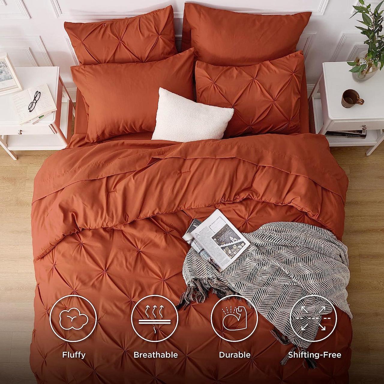 Alt view image 3 of 7 - Queen Comforter Set - Bed in a Bag Queen 7 Pieces Pintuck Bedding Sets Burnt Orange Bed Set with Comforter Sheets Pillowcases & Shams