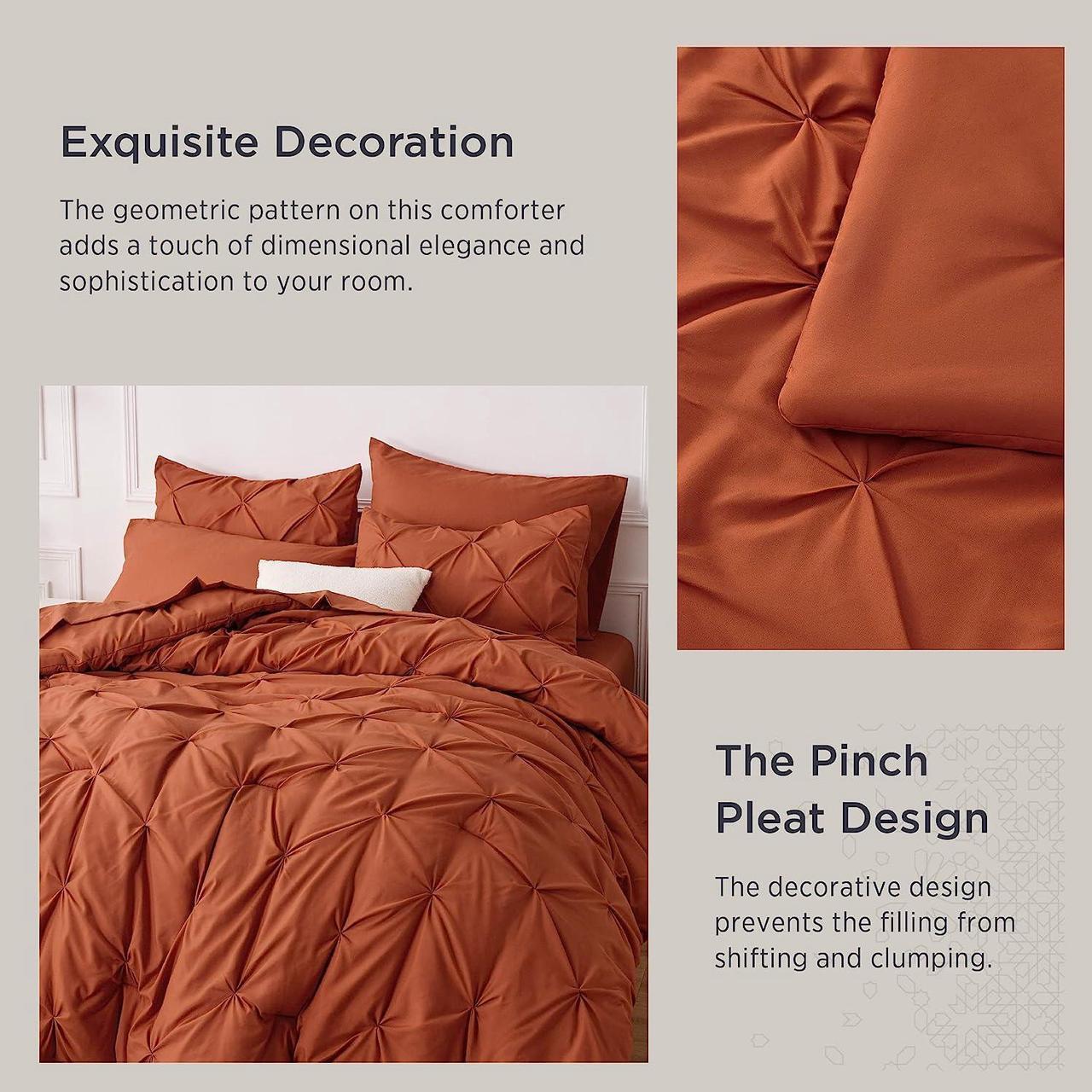 Alt view image 4 of 7 - Queen Comforter Set - Bed in a Bag Queen 7 Pieces Pintuck Bedding Sets Burnt Orange Bed Set with Comforter Sheets Pillowcases & Shams