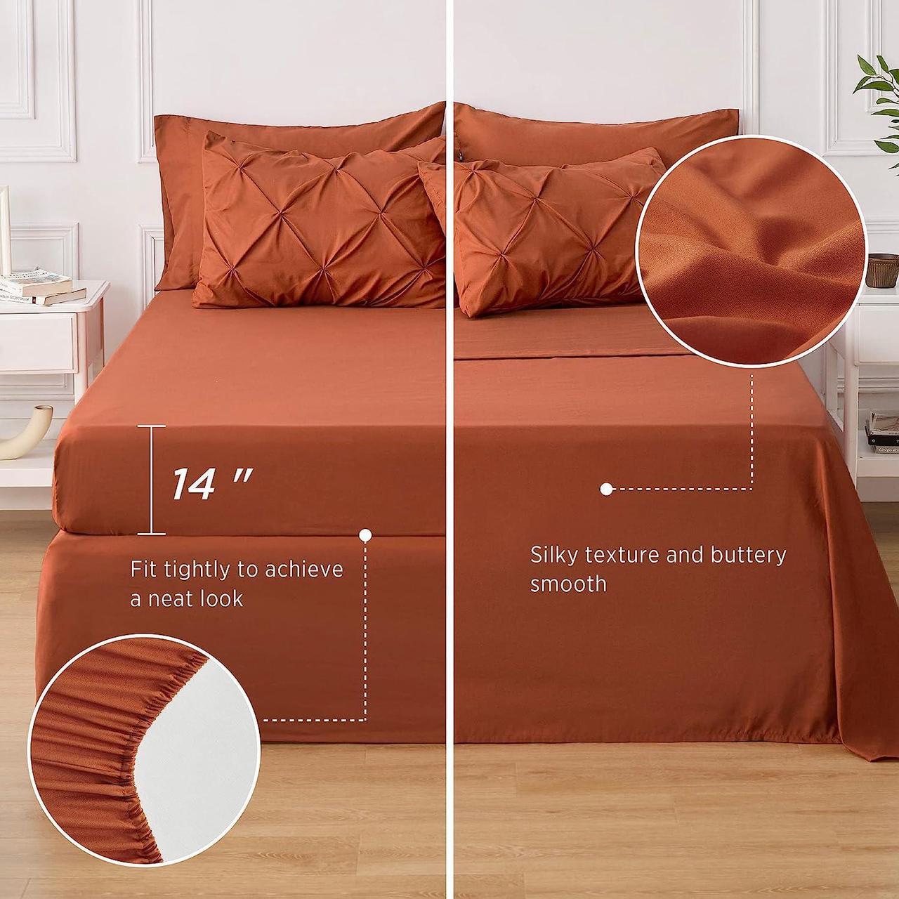 Alt view image 5 of 7 - Queen Comforter Set - Bed in a Bag Queen 7 Pieces Pintuck Bedding Sets Burnt Orange Bed Set with Comforter Sheets Pillowcases & Shams