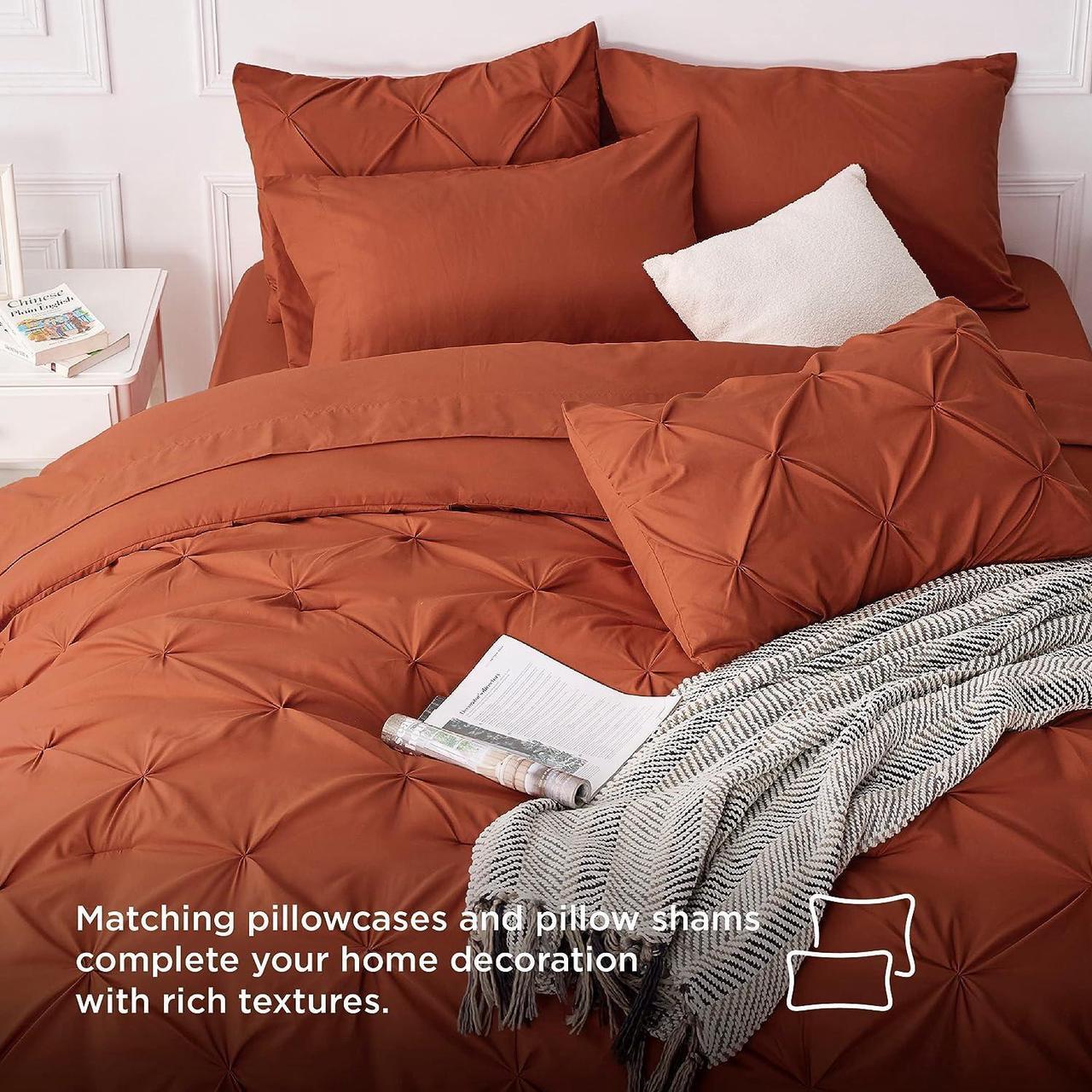 Alt view image 6 of 7 - Queen Comforter Set - Bed in a Bag Queen 7 Pieces Pintuck Bedding Sets Burnt Orange Bed Set with Comforter Sheets Pillowcases & Shams