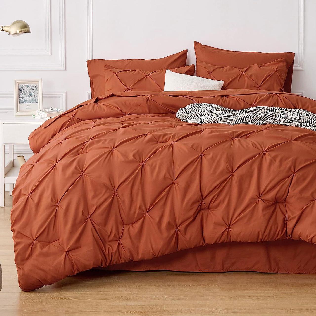 Alt view image 7 of 7 - Queen Comforter Set - Bed in a Bag Queen 7 Pieces Pintuck Bedding Sets Burnt Orange Bed Set with Comforter Sheets Pillowcases & Shams