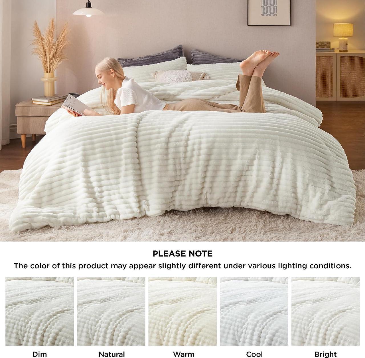 Alt view image 7 of 7 - Fluffy Comforter Set Queen - Super Soft Faux Fur Comforter Queen Size White ?Winter Warm Fleece Bedding Set Plush Fuzzy Bed Set 3 Pieces 1 Shaggy Comforter with 2 Pillowcases