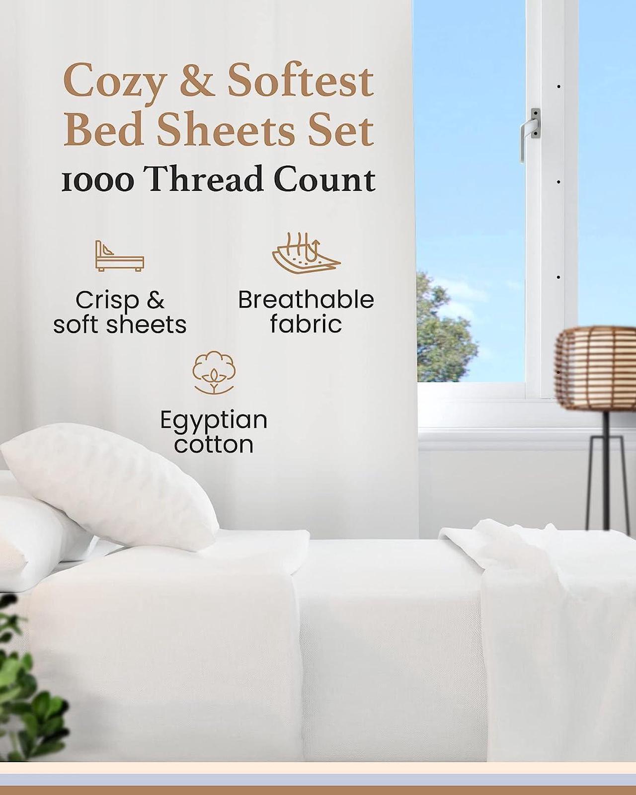 Alt view image 2 of 7 - 1000 Thread Count Egyptian Cotton Sheets Queen Size 4 Pc Luxury Sheets Set Long Staple 100% Cotton Sheets for Queen Size Bed 16 Deep Pocket Hotel Style Sheets Sateen Sheets Queen White
