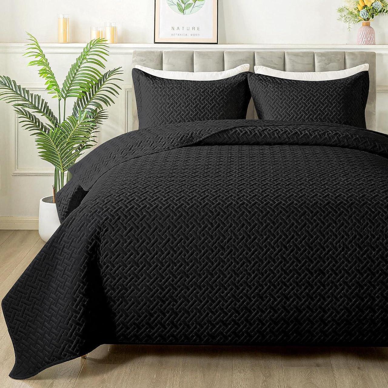Alt view image 2 of 7 - Quilt Set Full/Queen Size - Soft Lightweight Quilts Summer Quilted Bedspreads - Reversible Coverlet Bedding Set for All Season 3 Piece (1 Quilt 2 Pillow Shams) - Black