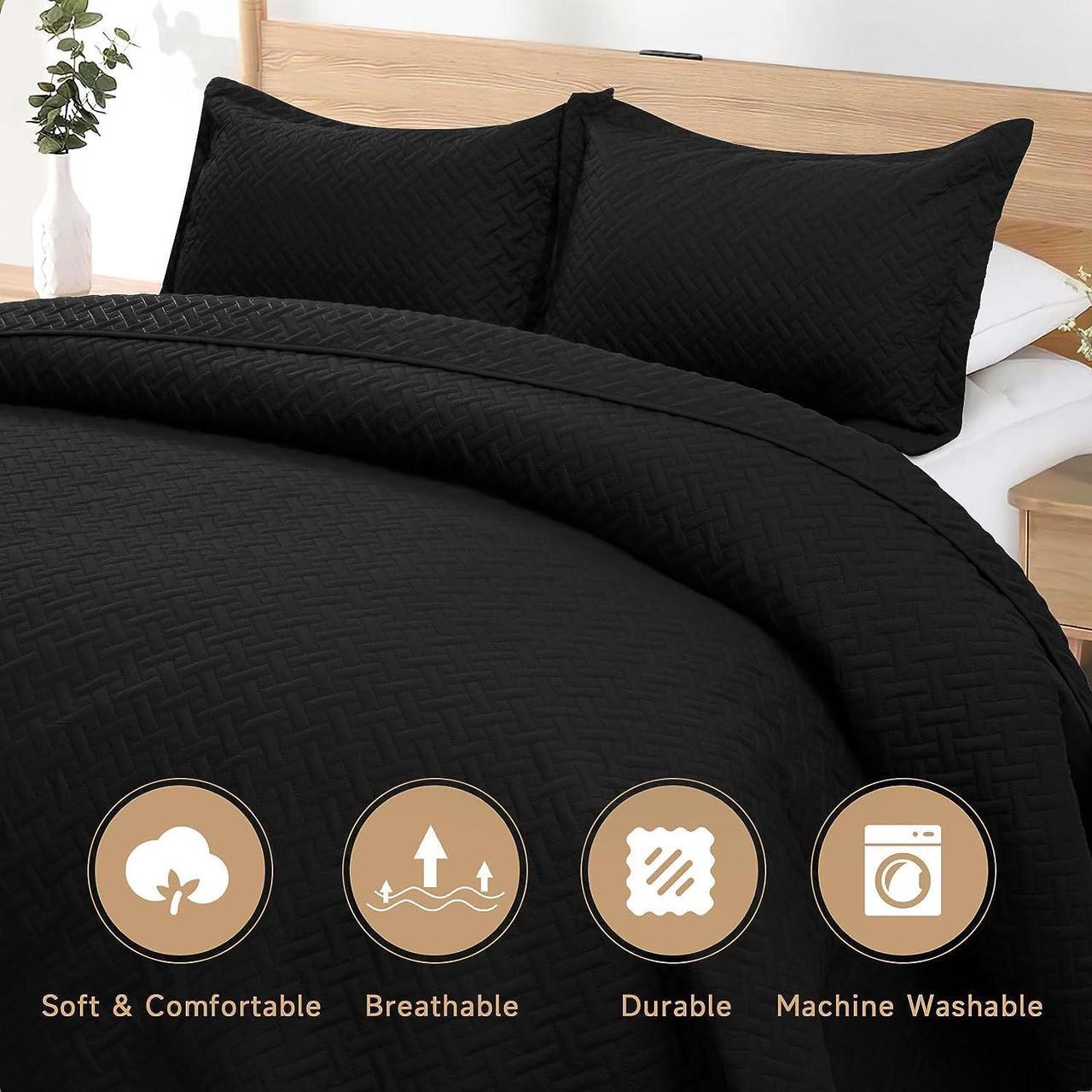 Alt view image 4 of 7 - Quilt Set Full/Queen Size - Soft Lightweight Quilts Summer Quilted Bedspreads - Reversible Coverlet Bedding Set for All Season 3 Piece (1 Quilt 2 Pillow Shams) - Black