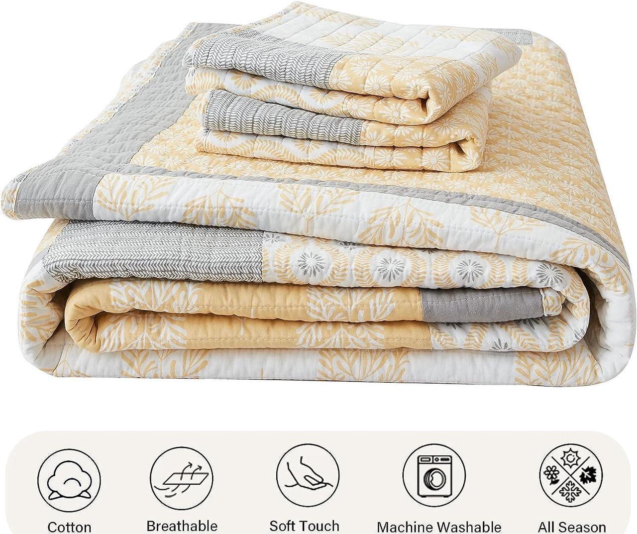 Alt view image 6 of 7 - Quilts Queen Size 100% Cotton Lightweight Queen Quilt Set Real-Patchwork Farmhouse Floral Quilted Bedspread Yellow Grey White Reversible Soft Queen Quilt Bedding Set All Season 3 Pieces