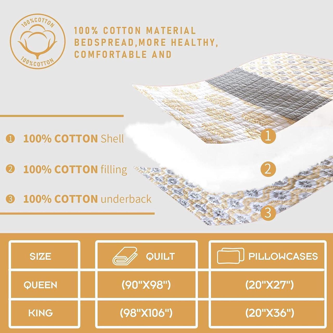 Alt view image 7 of 7 - Quilts Queen Size 100% Cotton Lightweight Queen Quilt Set Real-Patchwork Farmhouse Floral Quilted Bedspread Yellow Grey White Reversible Soft Queen Quilt Bedding Set All Season 3 Pieces