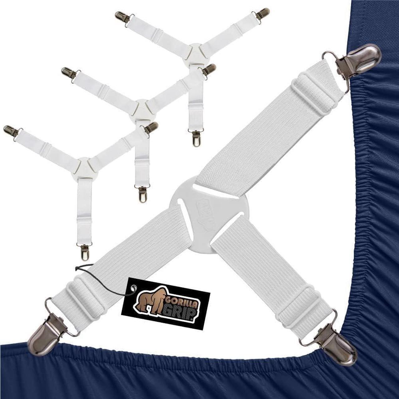 Main image of Bed Sheet Straps Adjustable Elastic Fasteners with Metal Clips Keep in Place Fitted Bedding Holder Easy Install Suspenders Mattresses Firm Tight Accessories 4 Pack White