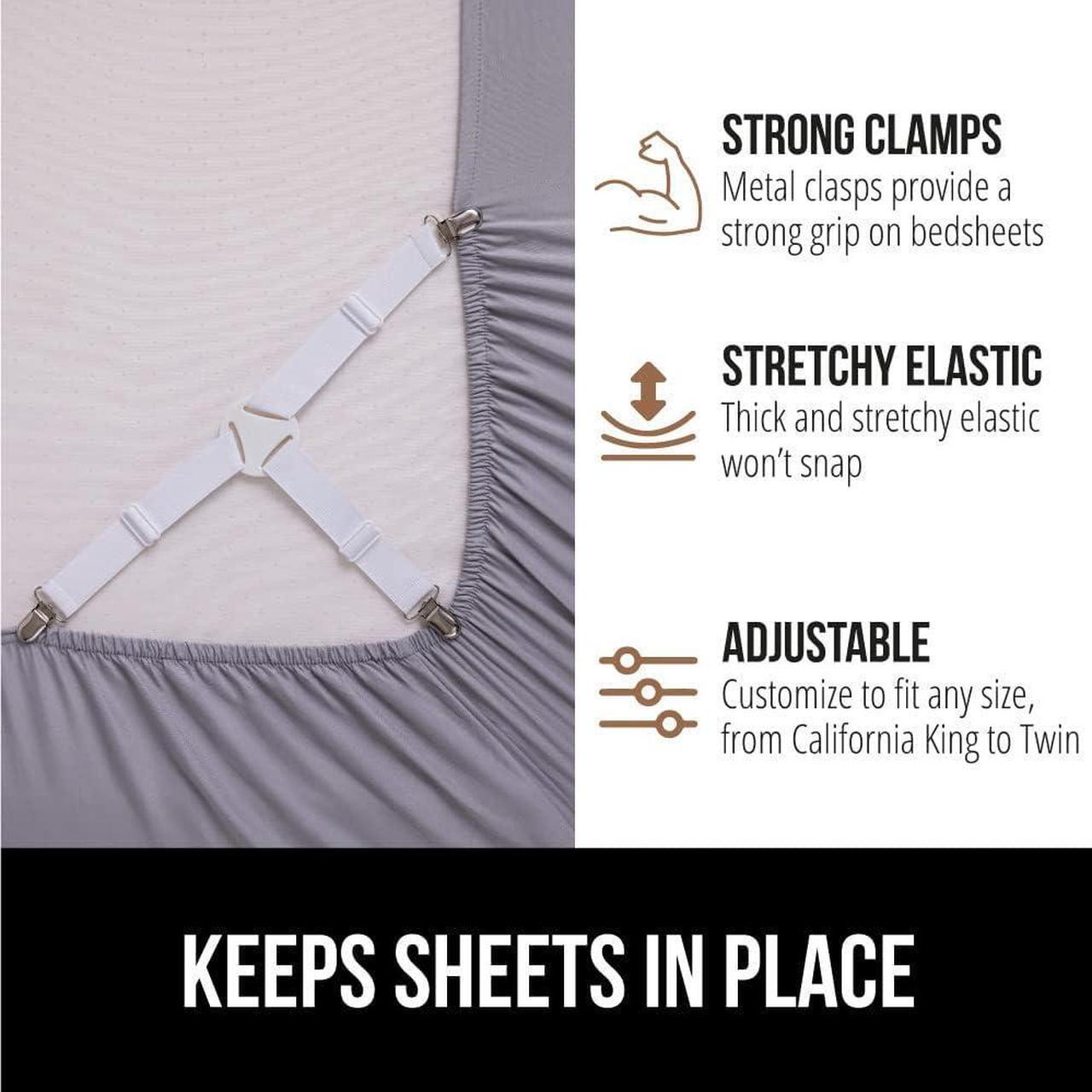 Alt view image 4 of 7 - Bed Sheet Straps Adjustable Elastic Fasteners with Metal Clips Keep in Place Fitted Bedding Holder Easy Install Suspenders Mattresses Firm Tight Accessories 4 Pack White