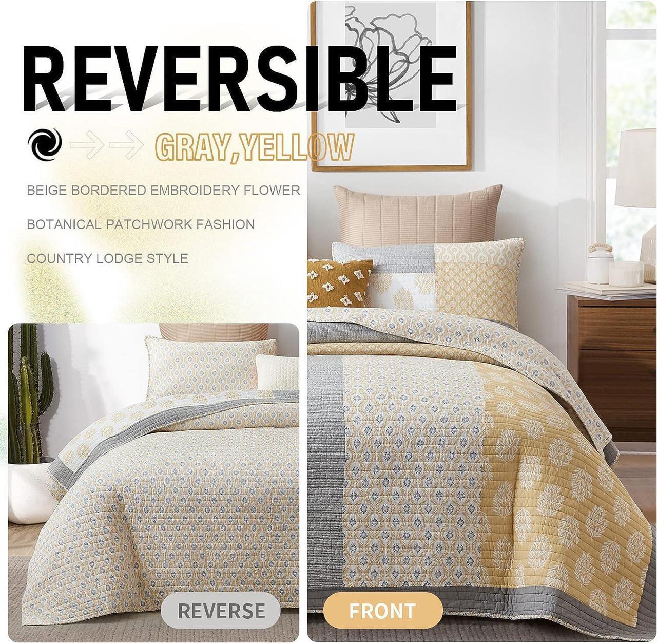 Alt view image 4 of 7 - Quilts Queen Size 100% Cotton Lightweight Queen Quilt Set Real-Patchwork Farmhouse Floral Quilted Bedspread Yellow Grey White Reversible Soft Queen Quilt Bedding Set All Season 3 Pieces