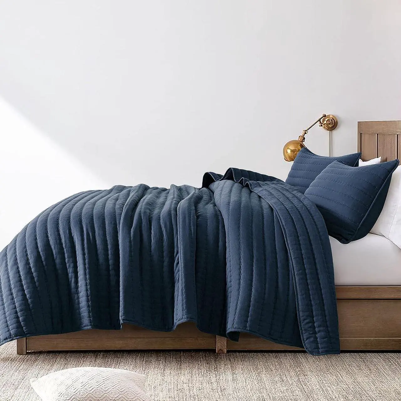 Alt view image 3 of 7 - Navy Blue Queen Size Quilt Bedding Sets with Pillow Shams Mustard Full Lightweight Soft Bedspread Coverlet Quilted Blanket Thin Comforter Bed Cover for All Season 3 Pieces 90x90 inches