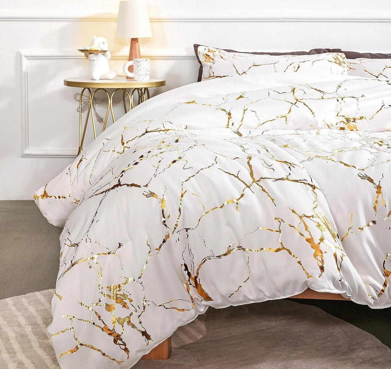 Main image of Gold White Comforter Queen Comforter Set Marble Print Glitter Gold Queen Bed Set Luxury White Queen Size Comforter Set for Men Women White Bedding Queen Set 3Pcs (1 Comforter 2 Pillowcases)