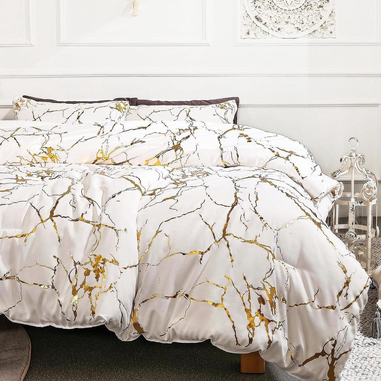 Alt view image 2 of 6 - Gold White Comforter Queen Comforter Set Marble Print Glitter Gold Queen Bed Set Luxury White Queen Size Comforter Set for Men Women White Bedding Queen Set 3Pcs (1 Comforter 2 Pillowcases)