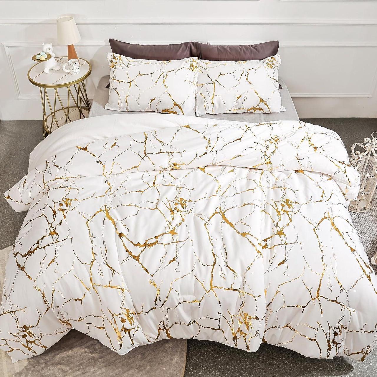 Alt view image 4 of 6 - Gold White Comforter Queen Comforter Set Marble Print Glitter Gold Queen Bed Set Luxury White Queen Size Comforter Set for Men Women White Bedding Queen Set 3Pcs (1 Comforter 2 Pillowcases)