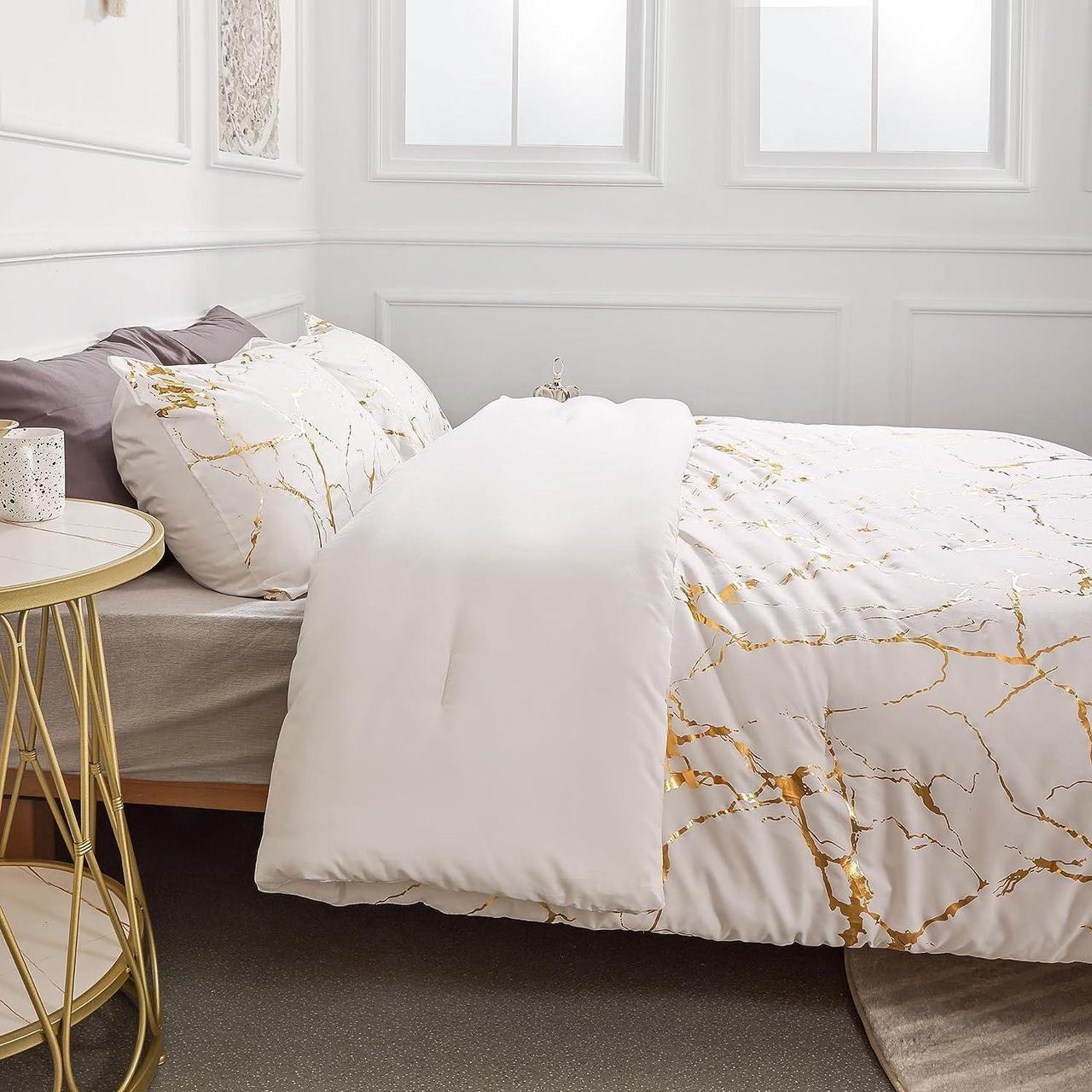 Alt view image 5 of 6 - Gold White Comforter Queen Comforter Set Marble Print Glitter Gold Queen Bed Set Luxury White Queen Size Comforter Set for Men Women White Bedding Queen Set 3Pcs (1 Comforter 2 Pillowcases)