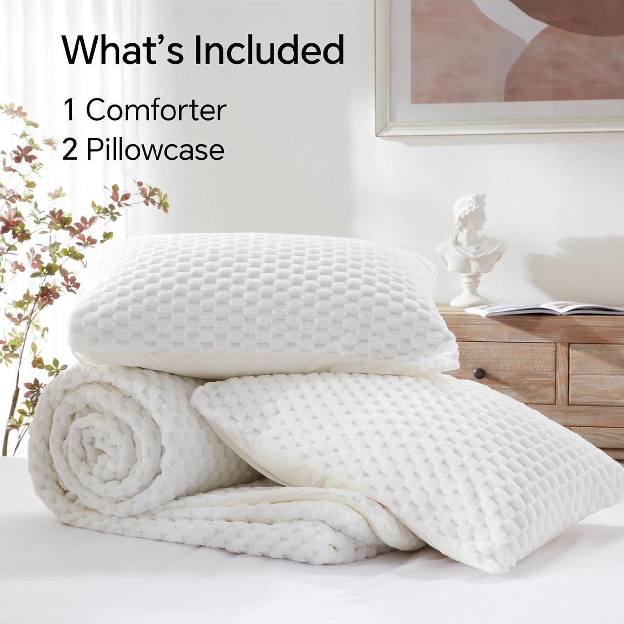 Alt view image 6 of 7 - Fluffy Queen Comforter Set - White Fleece Soft Comforter for Queen Size Bed Luxury Warm Bedding Set for Winter Fuzzy Bed Set 3 Pieces (1 Comforter 2 Pillowcases)