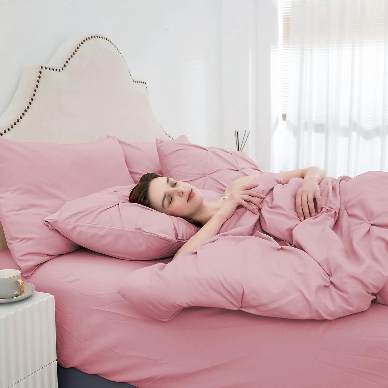 Alt view image 2 of 6 - 7pc Pink Queen Comforter Set Pintuck Bed in a Bag Blush Bed Set with Comforters and Sheets 7 Piece All Season Pinched Bedding Sets for Women (Pink Queen Size)