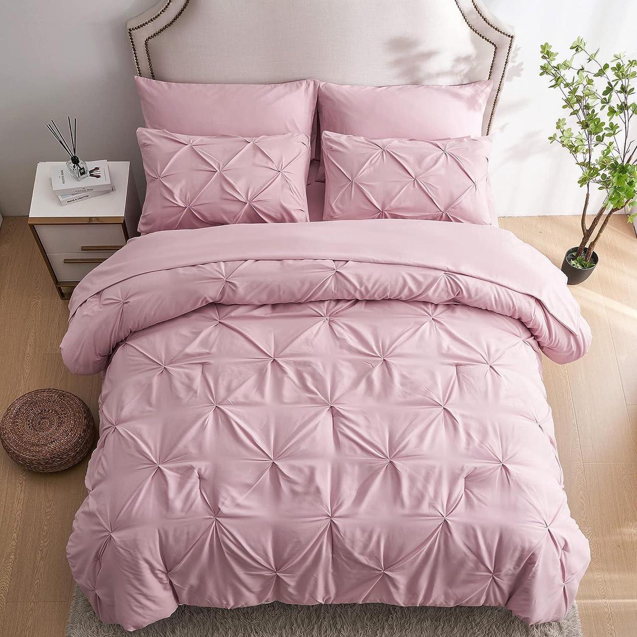 Alt view image 3 of 6 - 7pc Pink Queen Comforter Set Pintuck Bed in a Bag Blush Bed Set with Comforters and Sheets 7 Piece All Season Pinched Bedding Sets for Women (Pink Queen Size)