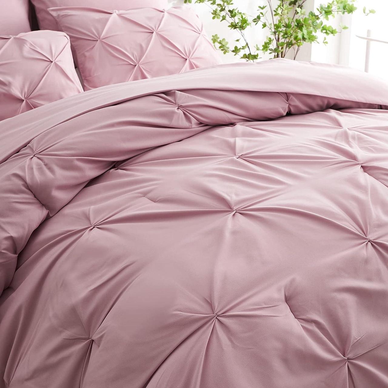 Alt view image 4 of 6 - 7pc Pink Queen Comforter Set Pintuck Bed in a Bag Blush Bed Set with Comforters and Sheets 7 Piece All Season Pinched Bedding Sets for Women (Pink Queen Size)