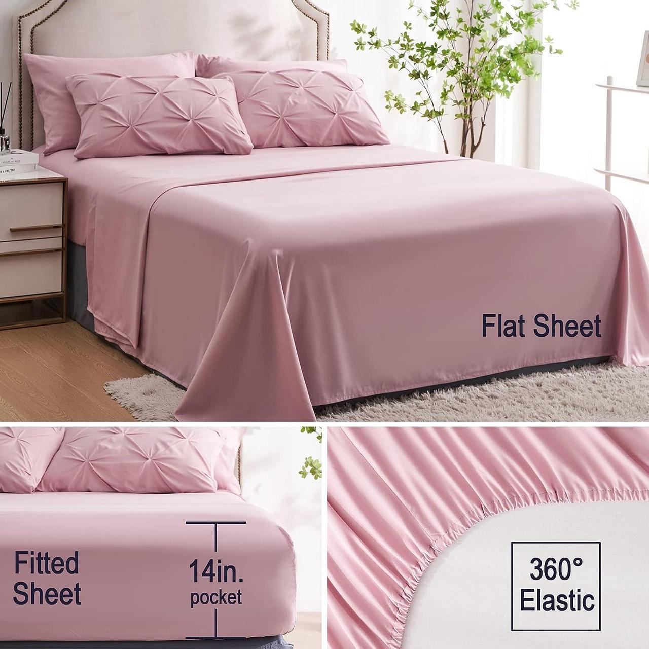 Alt view image 5 of 6 - 7pc Pink Queen Comforter Set Pintuck Bed in a Bag Blush Bed Set with Comforters and Sheets 7 Piece All Season Pinched Bedding Sets for Women (Pink Queen Size)
