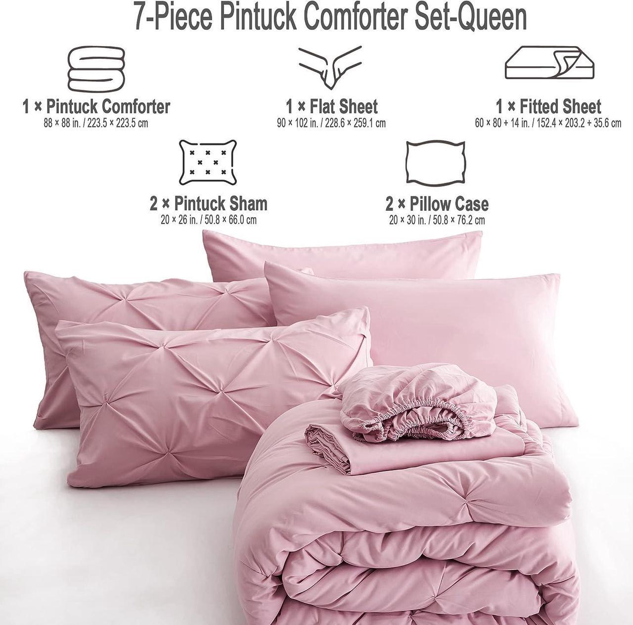 Alt view image 6 of 6 - 7pc Pink Queen Comforter Set Pintuck Bed in a Bag Blush Bed Set with Comforters and Sheets 7 Piece All Season Pinched Bedding Sets for Women (Pink Queen Size)