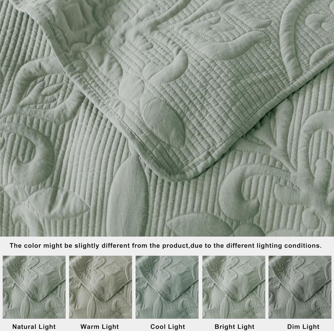 Alt view image 5 of 7 - Damask Quilt Queen Size Bedding Sets with Pillow Shams Boho Lightweight Soft Bedspread Coverlet Sage Green Quilted Blanket Thin Comforter Bed Cover for All Season 3 Pieces 90x90 inches