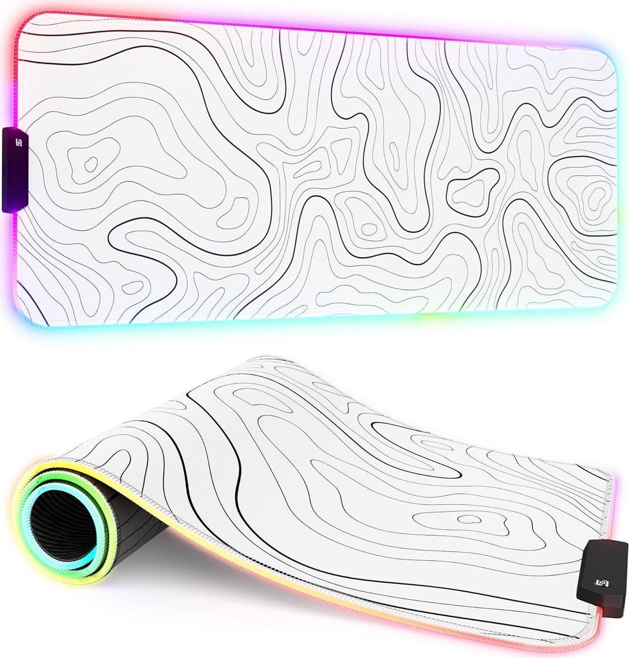 RGB Gaming Mouse Pad Full Desk XL Extended Large Gaming Mousepad 12 Lighting Modes 30% Thicker Big LED Desk Mat for Keyboard Computer Men Gamers 32 x 12 Topographic Contour White