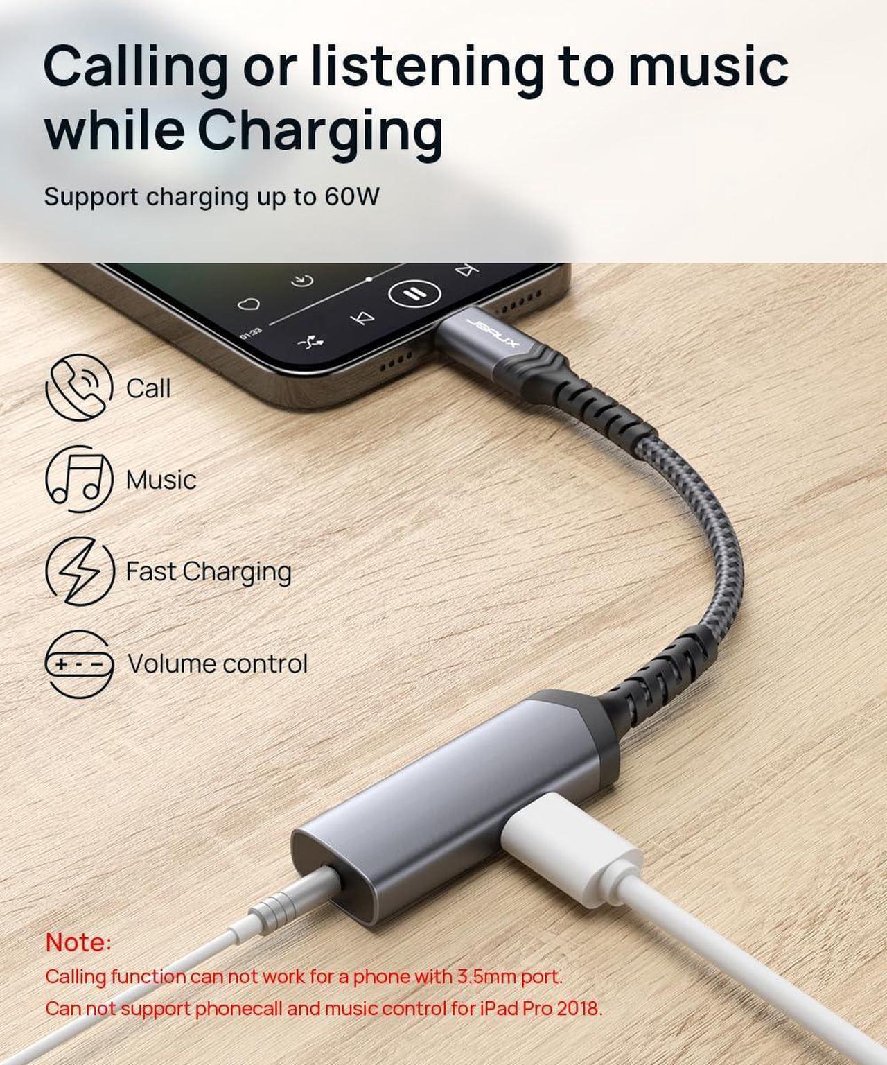 Alt view image 2 of 7 - USB C to 3.5mm Headphone and Charger Adapter 2-in-1 AUX Mic Jack with PD 60W Fast Charging for Stereo Earphones Compatible for iPhone 15 Pro Max/15 Pro Samsung S23/S22/S21 iPad Pro Pixel-Grey