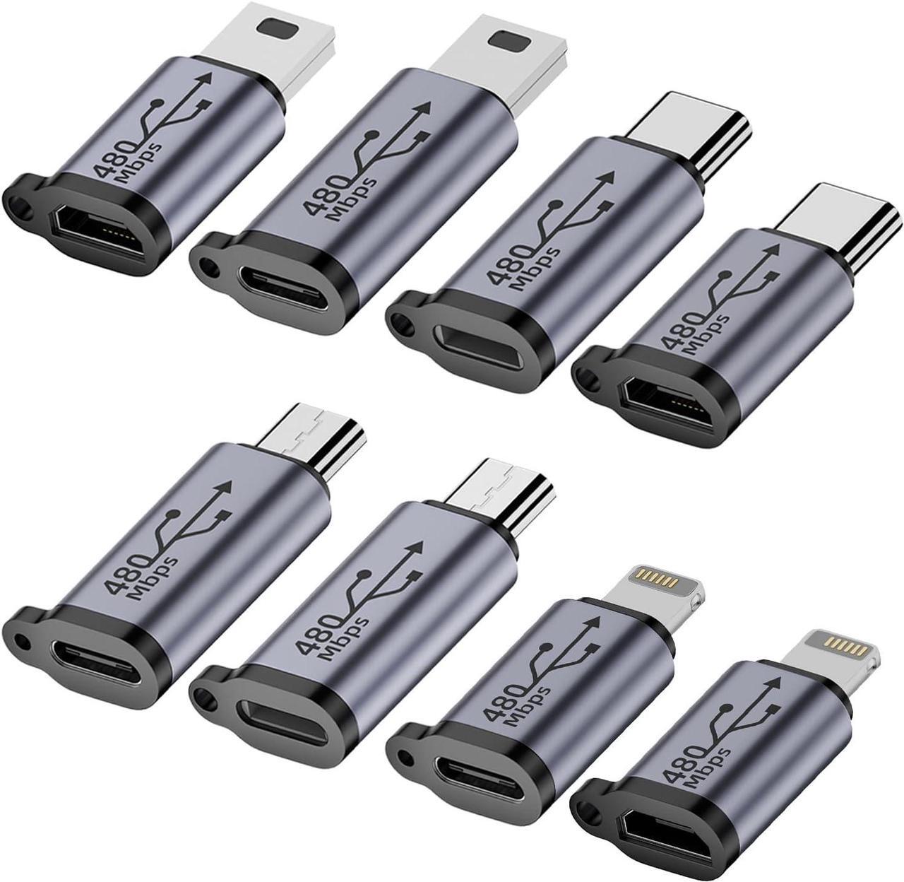 Main image of USB C/Lightning to Micro USB Adapter Type C/Micro USB Female to Lightning Male Converter Micro USB/Lighting to USB C Extender USB C/Micro USB to Mini USB Connector (8 Pack)