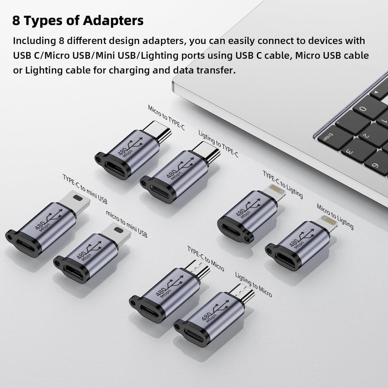Alt view image 2 of 7 - USB C/Lightning to Micro USB Adapter Type C/Micro USB Female to Lightning Male Converter Micro USB/Lighting to USB C Extender USB C/Micro USB to Mini USB Connector (8 Pack)