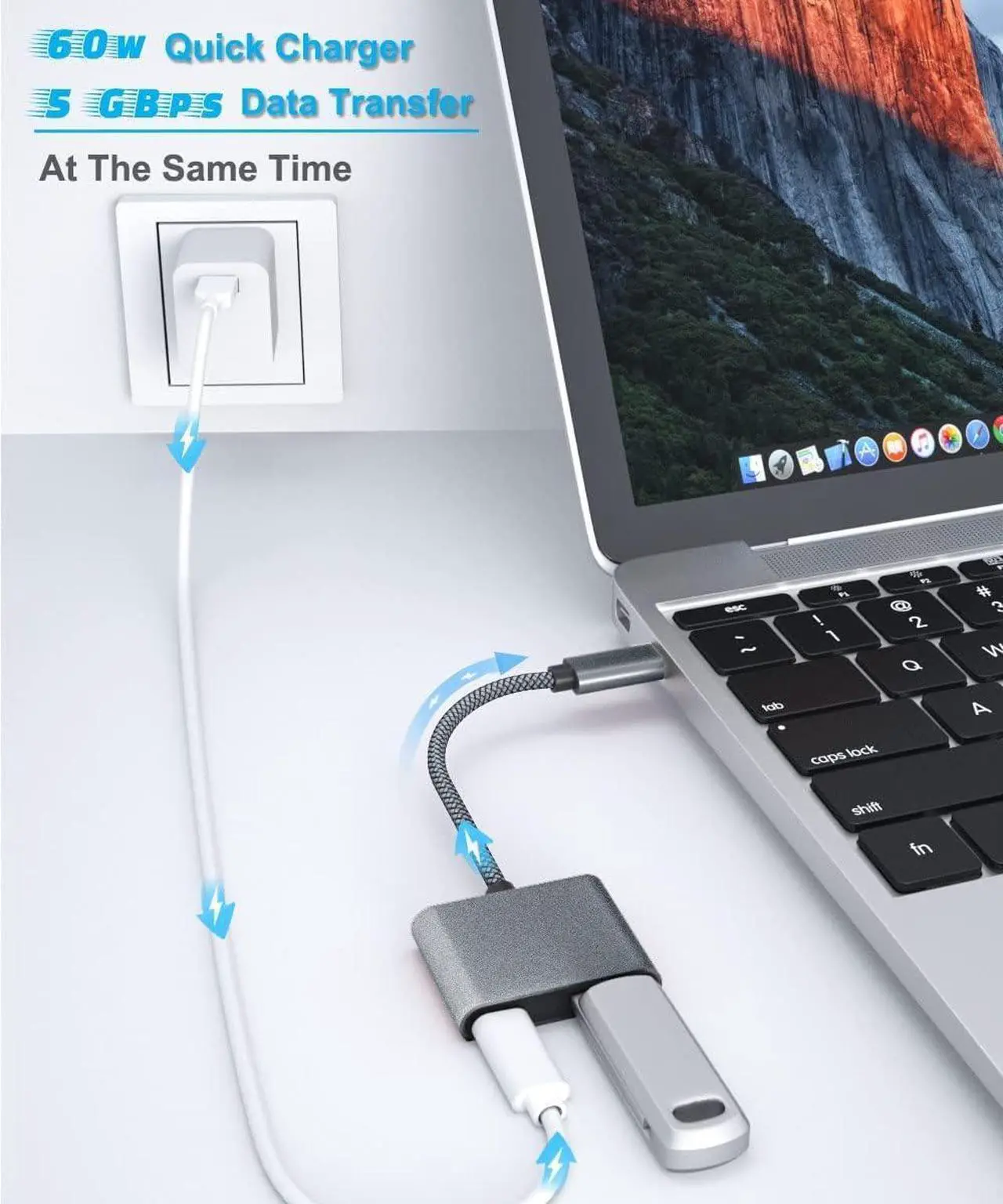 Alt view image 3 of 7 - USB C OTG Cable Camera Adapter with Power Supply Type C to 60W PD Charging and USB 3.0 Splitter Charger Thunderbolt 3 for Google TV Chromecast 2020 MacBook iPad Pro Air 4 5 Mini 6 S21 S22