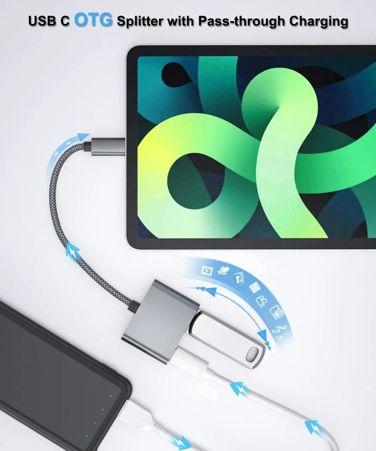 Alt view image 4 of 7 - USB C OTG Cable Camera Adapter with Power Supply Type C to 60W PD Charging and USB 3.0 Splitter Charger Thunderbolt 3 for Google TV Chromecast 2020 MacBook iPad Pro Air 4 5 Mini 6 S21 S22