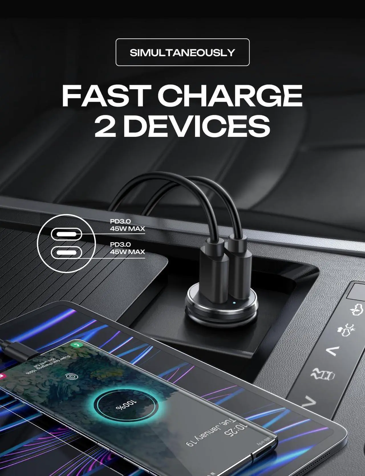 Alt view image 4 of 7 - 90W USB C Car Charger 2-Port PD 45W & QC 3.0 USB C Cigarette Lighter Adapter for iPhone 16 [All Metal & Mini] USB C Car Charger Fast Charging for iPhone 16/15/14/13 Pro Galaxy S25/S24 iPad
