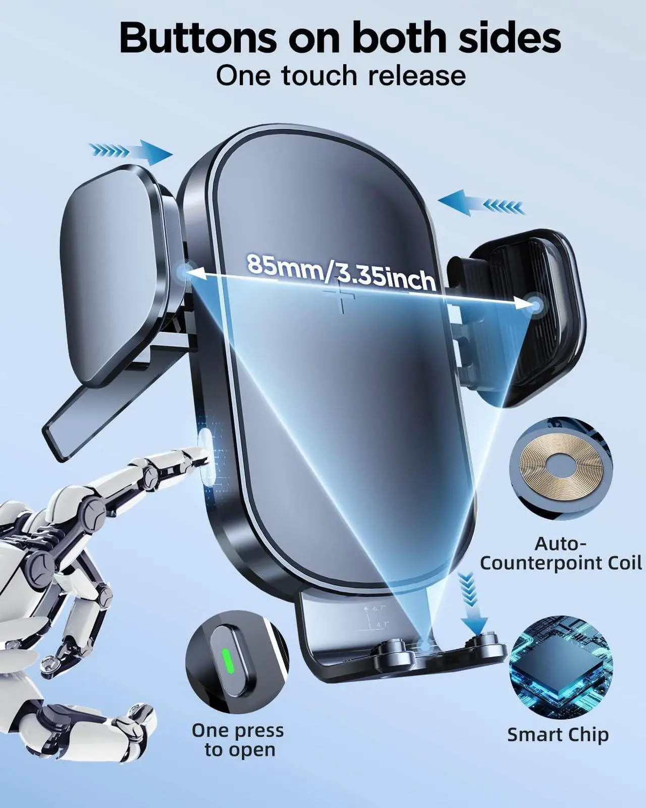Alt view image 4 of 7 - Wireless Car Charger, 15W Fast Charging Car Phone Mount | Auto-Clamping Air Vent Car Cell Phone Holder for iPhone 16/15/14/13/12/11 /X/XR/XS /8 Pro Max Mini Plus Samsung Galaxy Series