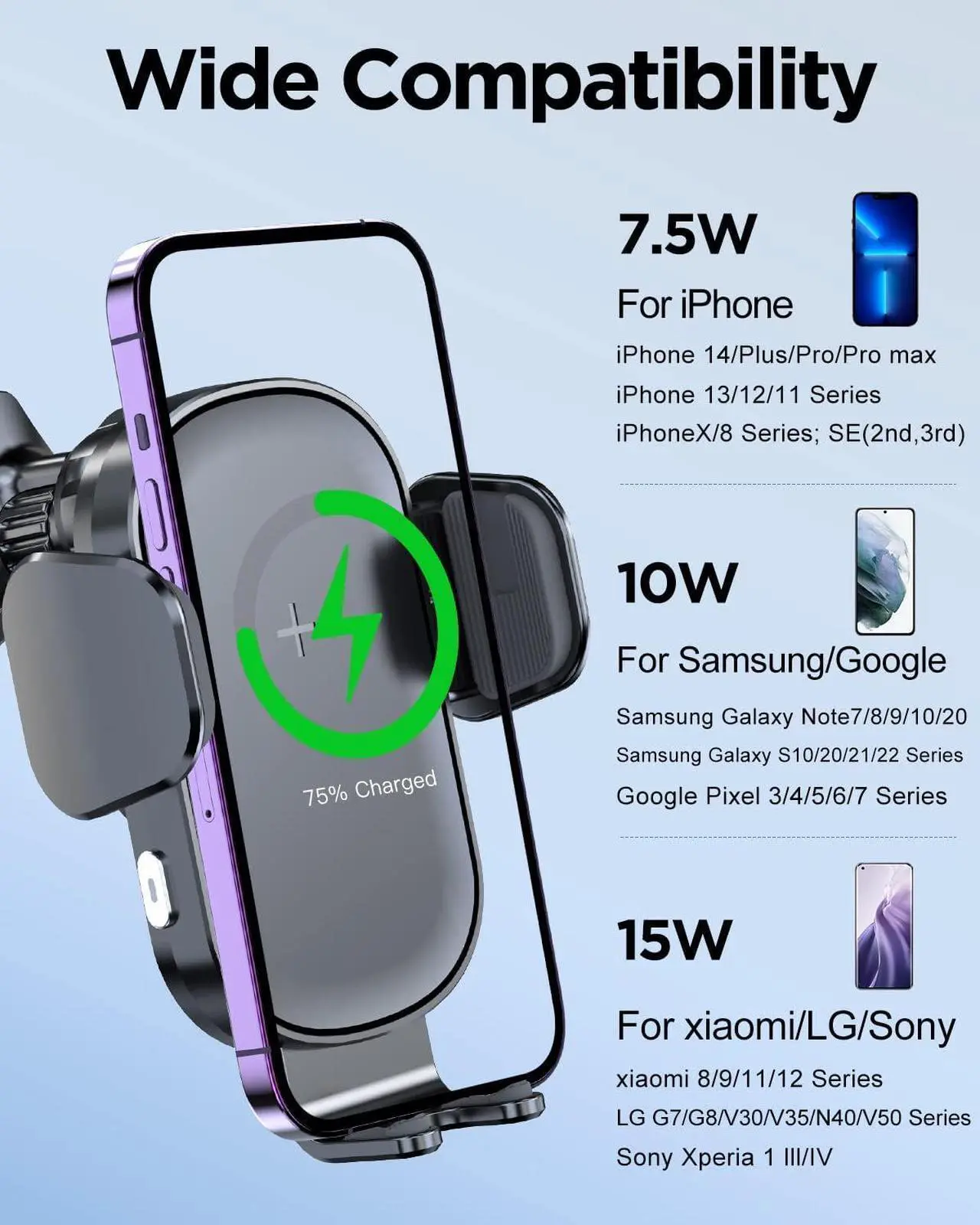 Alt view image 7 of 7 - Wireless Car Charger, 15W Fast Charging Car Phone Mount | Auto-Clamping Air Vent Car Cell Phone Holder for iPhone 16/15/14/13/12/11 /X/XR/XS /8 Pro Max Mini Plus Samsung Galaxy Series