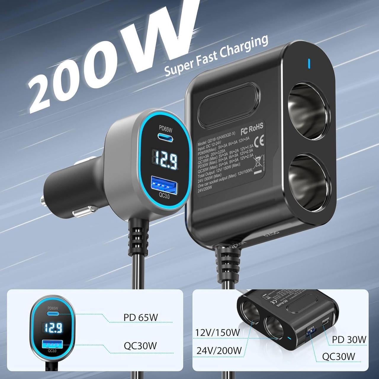 Alt view image 2 of 7 - PD 65W Cigarette Lighter Splitter for Laptop: 200W USB C 12V Car Charger Socket Adapter 12 Volt DC Plug Multi Way Auto Power Outlet with Dual Type C Port for MacBook/iPad/iPhone  GPS Dash Cam