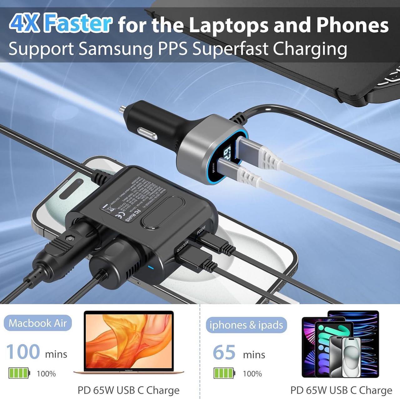 Alt view image 3 of 7 - PD 65W Cigarette Lighter Splitter for Laptop: 200W USB C 12V Car Charger Socket Adapter 12 Volt DC Plug Multi Way Auto Power Outlet with Dual Type C Port for MacBook/iPad/iPhone  GPS Dash Cam
