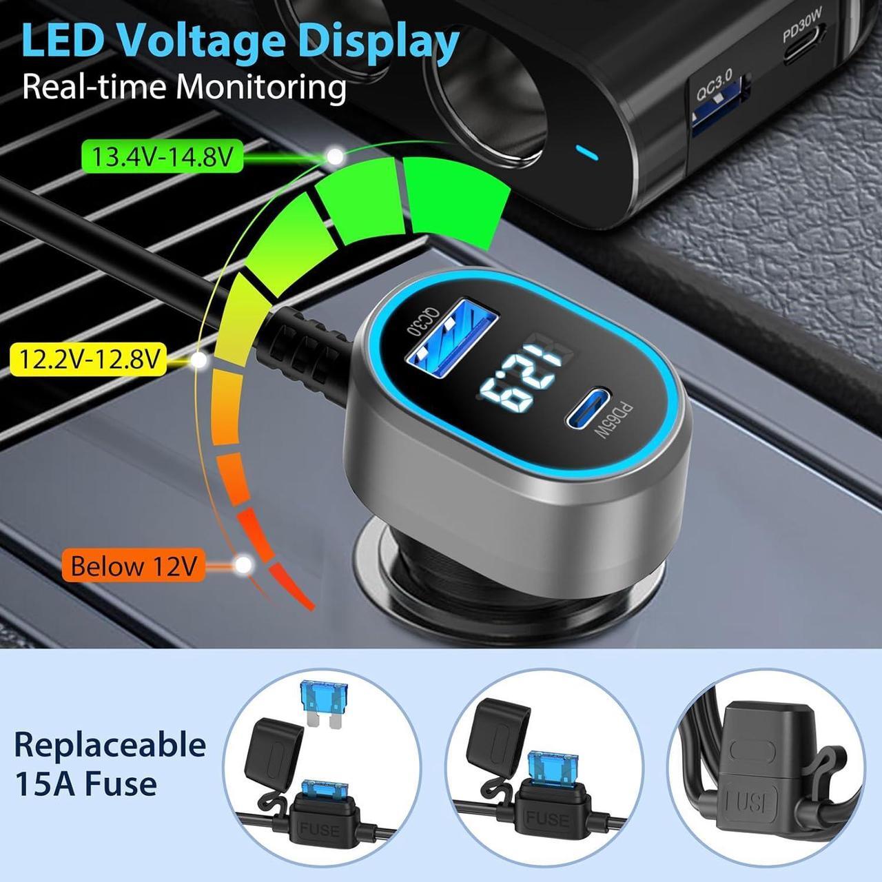 Alt view image 5 of 7 - PD 65W Cigarette Lighter Splitter for Laptop: 200W USB C 12V Car Charger Socket Adapter 12 Volt DC Plug Multi Way Auto Power Outlet with Dual Type C Port for MacBook/iPad/iPhone  GPS Dash Cam