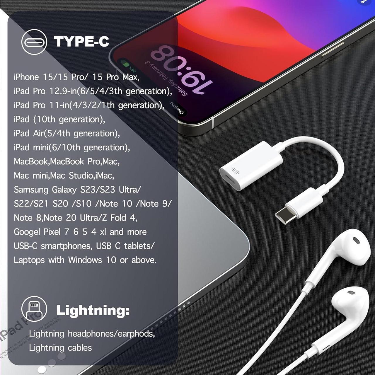 Alt view image 2 of 7 - USB-C Male to Lightning Female Adapter Type C to Lightning Converter for Audio Data&Charging Compatible with iPhone 15 iPad Pro MacBook Pro iMac and More Devices with USB-C Port